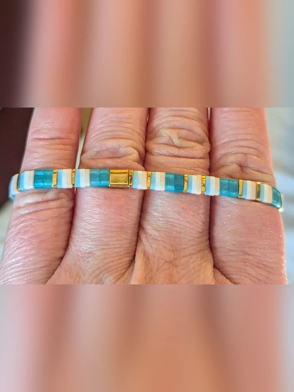 Turquoise & White Glass Tila Tile Stretch Bracelet